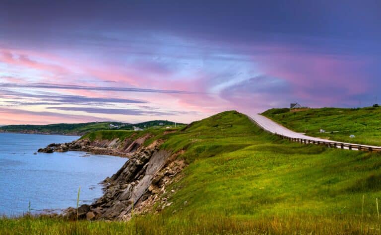 Der Weg des Cabot-Trails am grünen Steilufer von Cape Breton Island nach Sonnenuntergang mit rosafarbenem Himmel